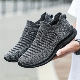 Men's Trendy Breathable Knit Striped Slip On Sneakers, Casual Outdoor Comfortable Anti-skid Shoes For Running Jogging