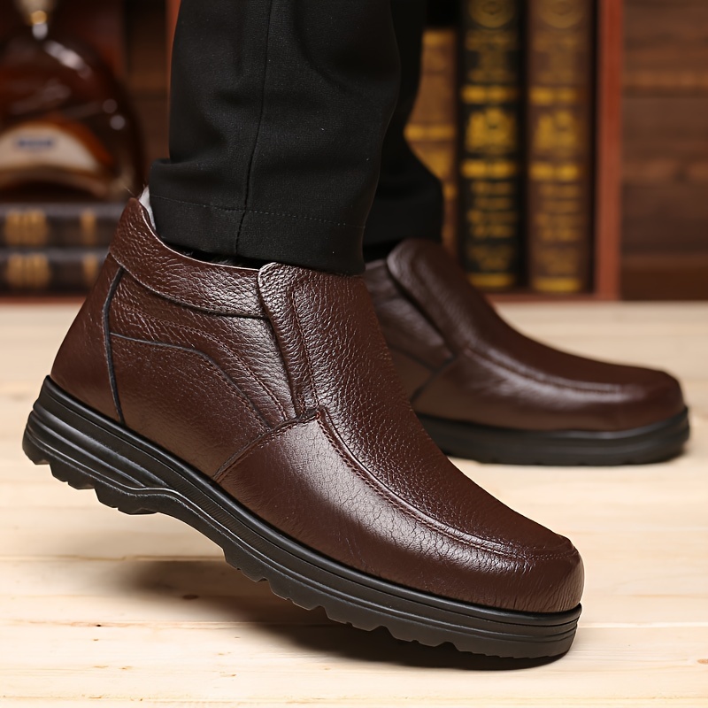 mens genuine leather casual ankle boots waterproof wear resistant non slip slip on walking shoes with fuzzy lining for outdoor autumn and winter details 9